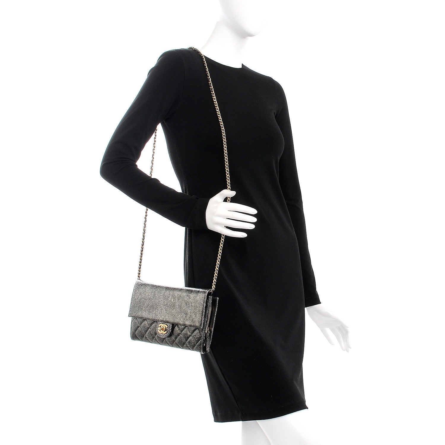 Chanel Cracked Metallic Calfskin Quilted Zip Away Chain Clutch Dark Silver 2 of 8