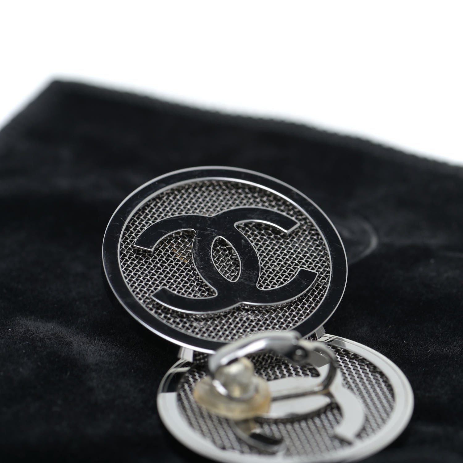 Chanel Metal Mesh Circle CC Clip On Earrings Silver 5 of 5