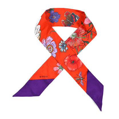 Gucci Silk Floral Neck Bow Scarf Orange Purple 1 of 3