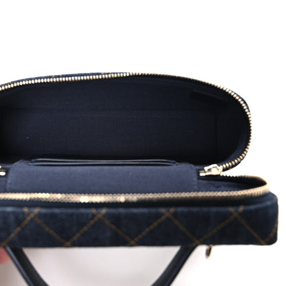 Chanel Denim Quilted Top Handle Slim Vanity Case With Chain Dark Blue Orange 5 of 10