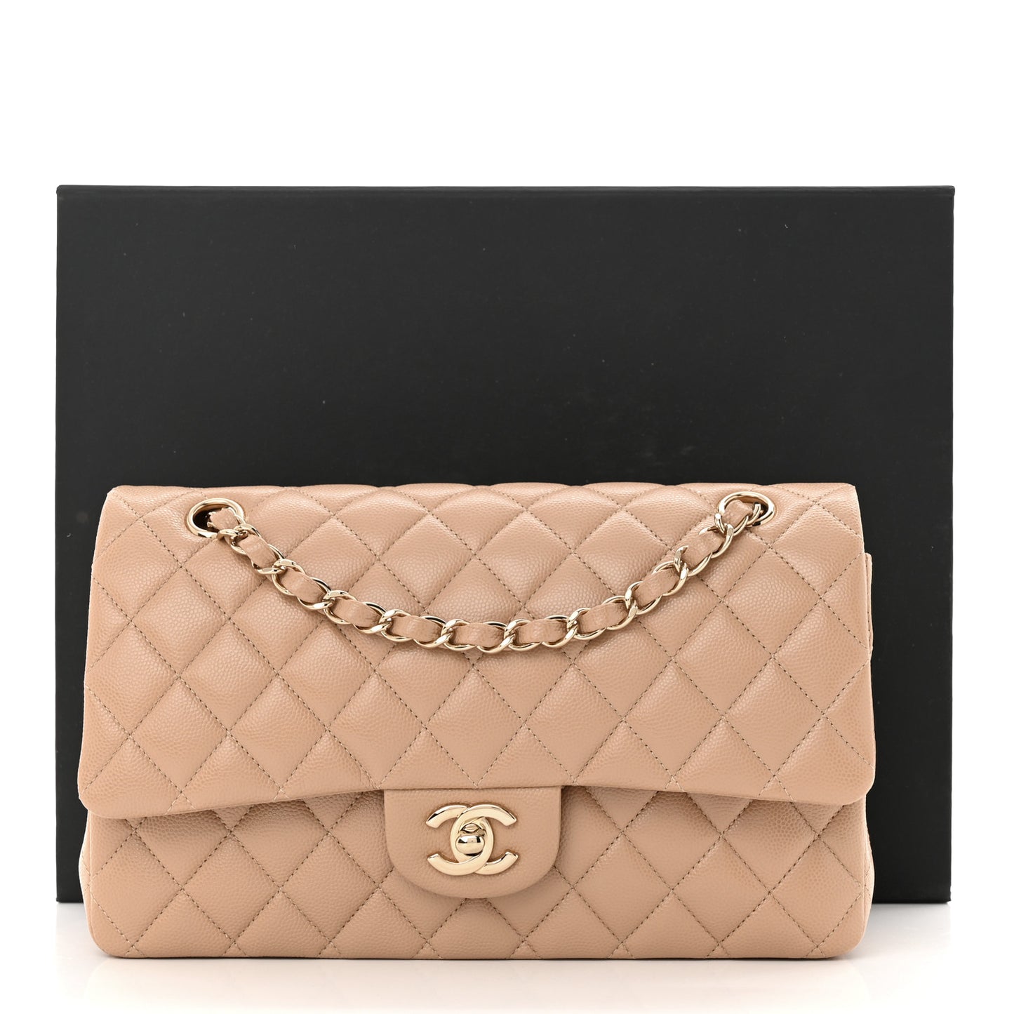 Caviar Quilted Medium Double Flap Beige
