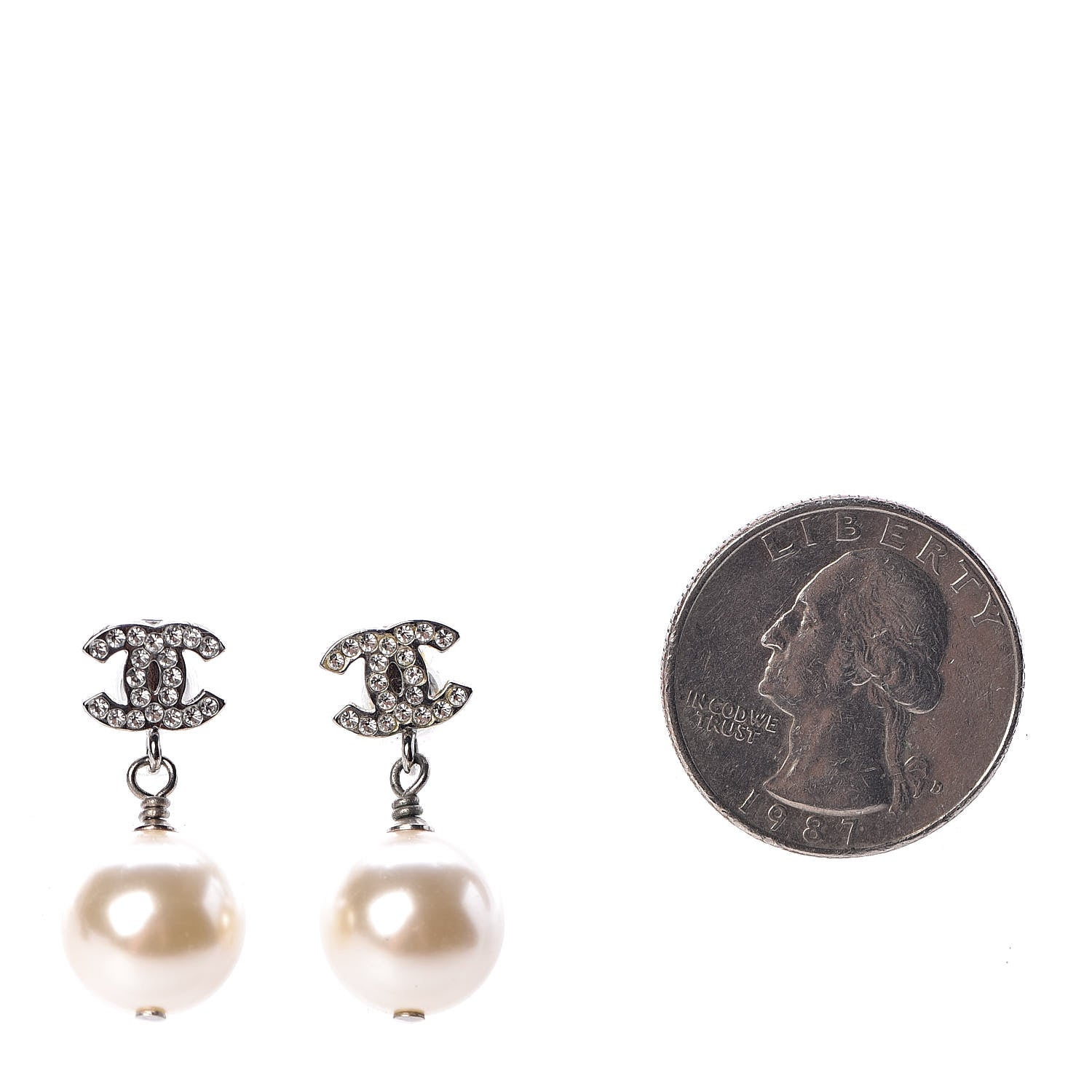 Chanel Crystal Pearl CC Drop Earrings Silver Pearly White 2 of 6
