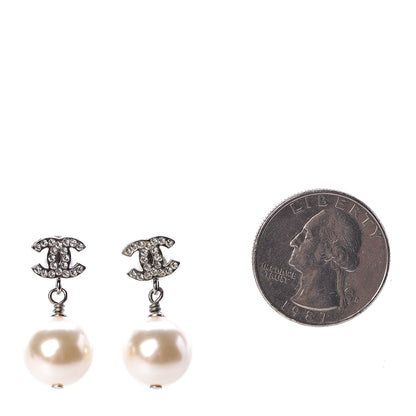 Chanel Crystal Pearl CC Drop Earrings Silver Pearly White 2 of 6