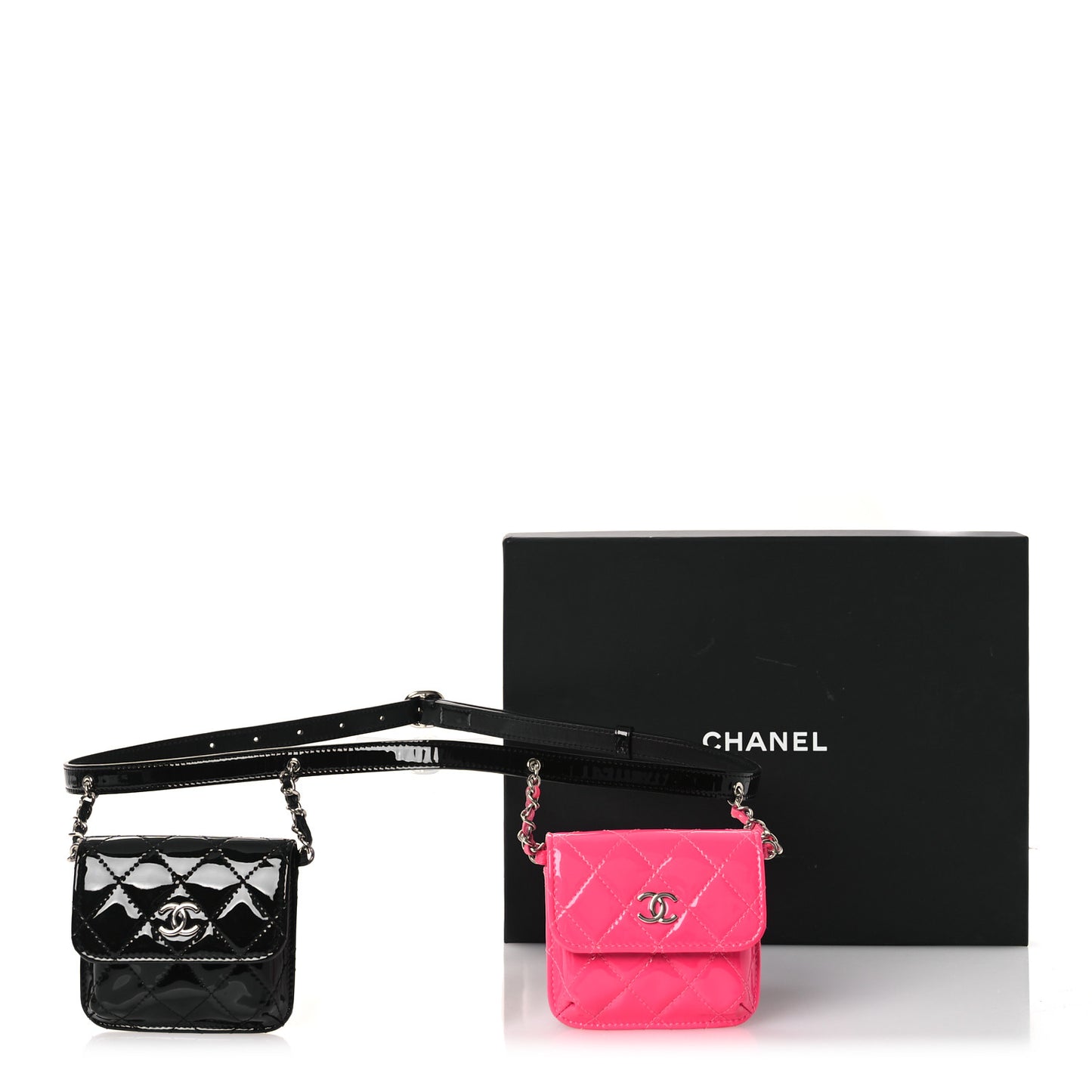 Patent Quilted Belt In Love Double Mini Flap Waist Bag Black Pink