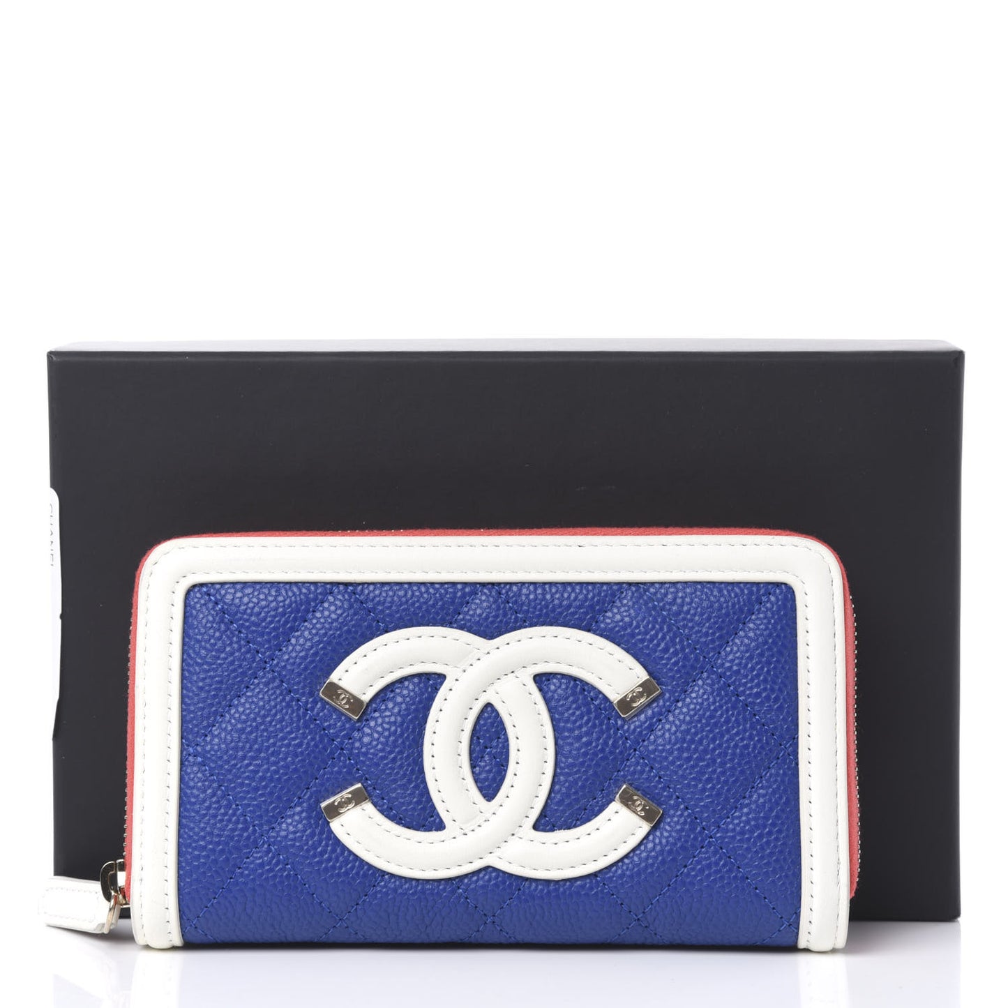 Caviar Quilted Medium Filigree Zip Around Wallet Blue White Red