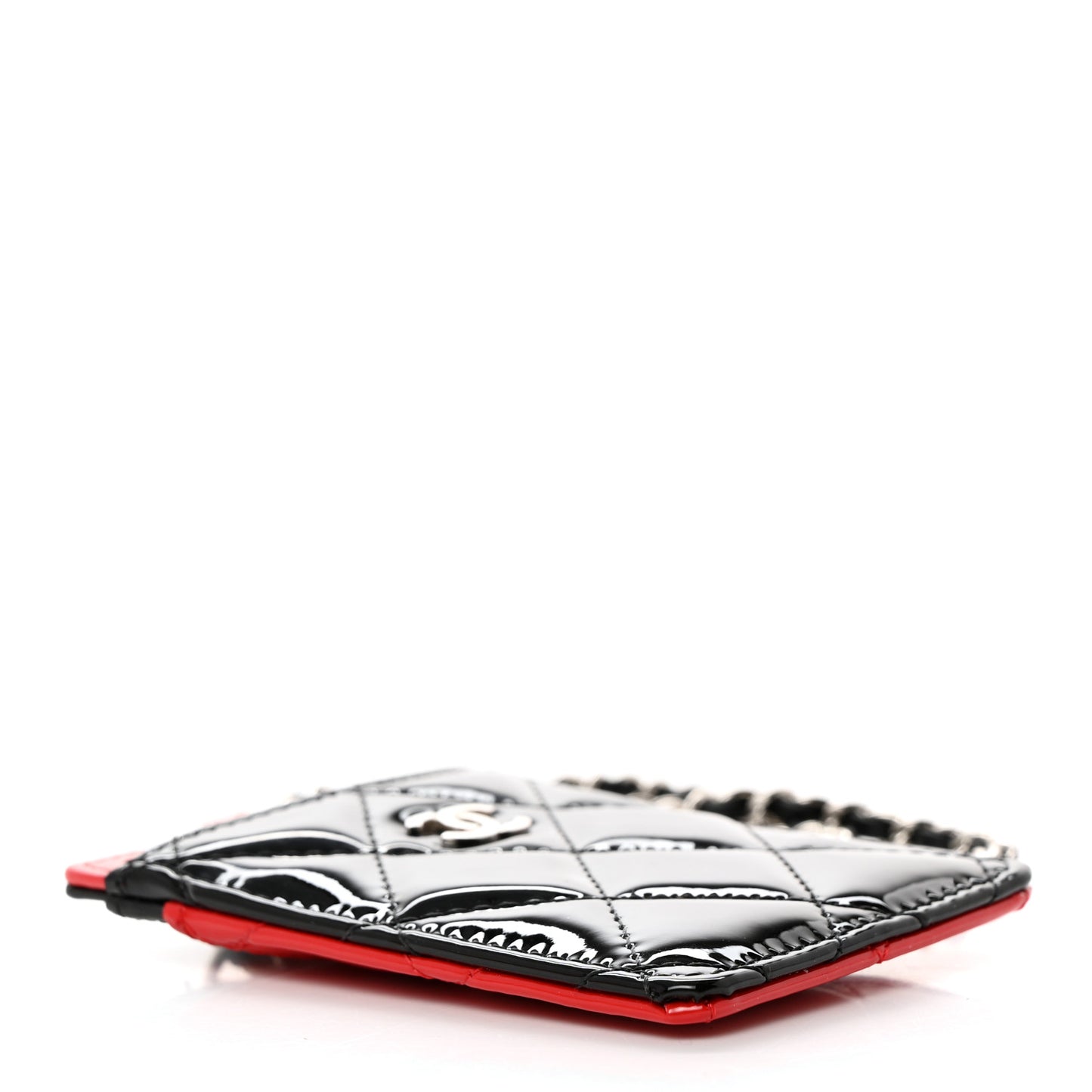 Patent Calfskin Quilted Bi-Color Card Holder On Chain Black Red
