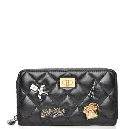 Chanel Aged Calfskin Quilted Small Lucky Charms 2.55 Reissue Zip Around Wallet Black 1 of 10