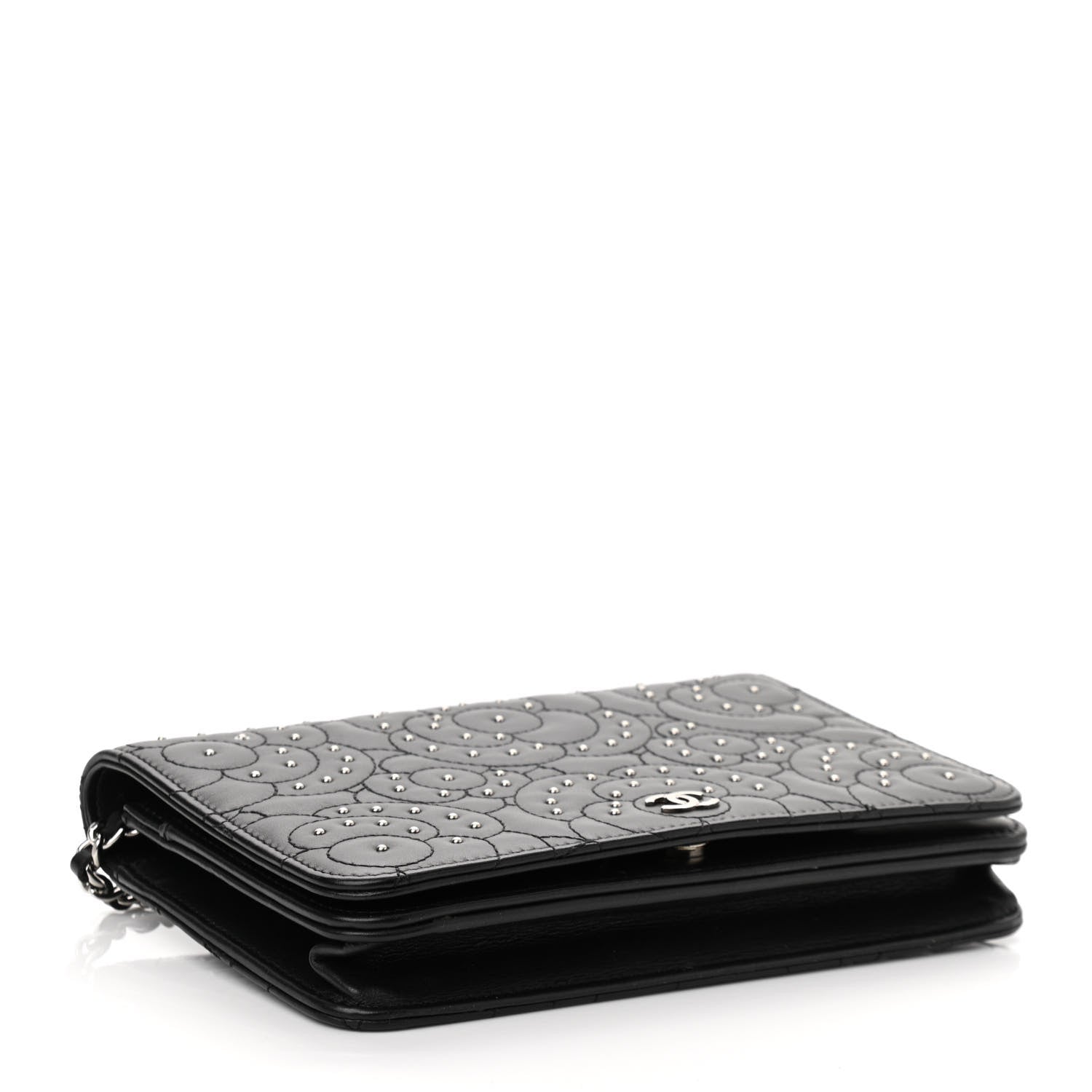 Chanel Lambskin Camellia Studded Wallet on Chain WOC Black 3 of 12