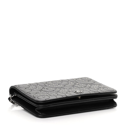 Chanel Lambskin Camellia Studded Wallet on Chain WOC Black 3 of 12