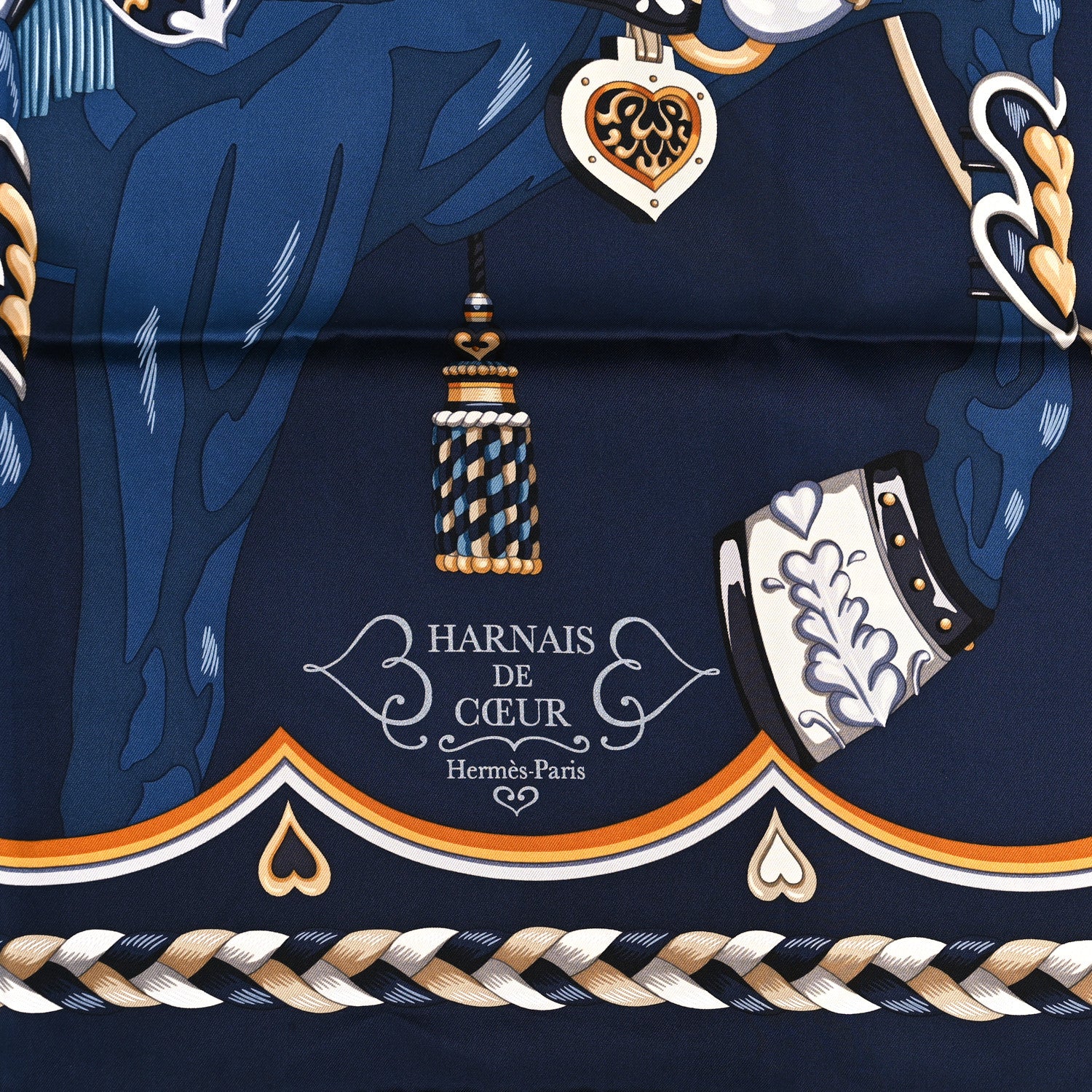 Hermes Silk Harnais De Coeur Scarf 90 Marine Fonce Mordore 2 of 3