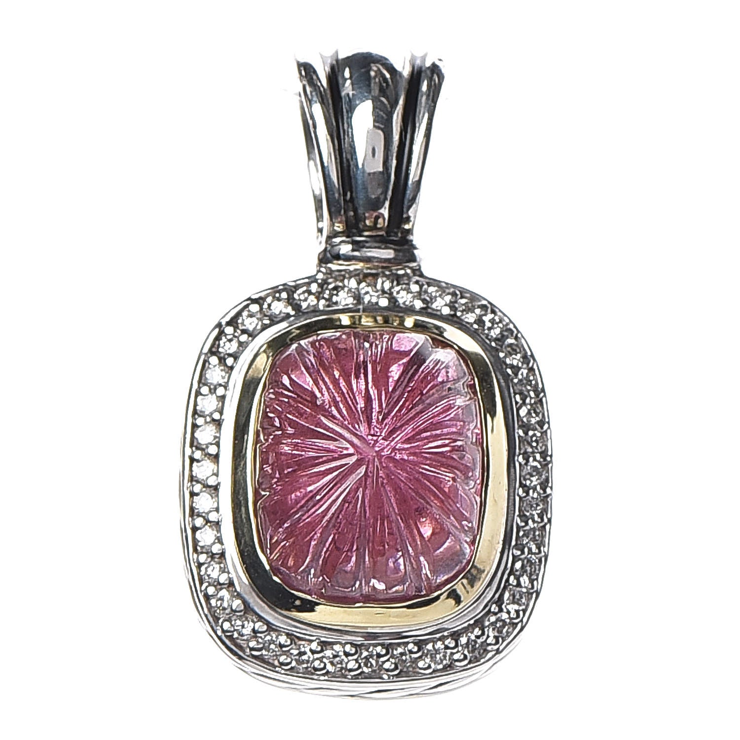 David Yurman Sterling Silver 18K Yellow Gold Diamond Carved Tourmaline Albion Pendant 1 of 3
