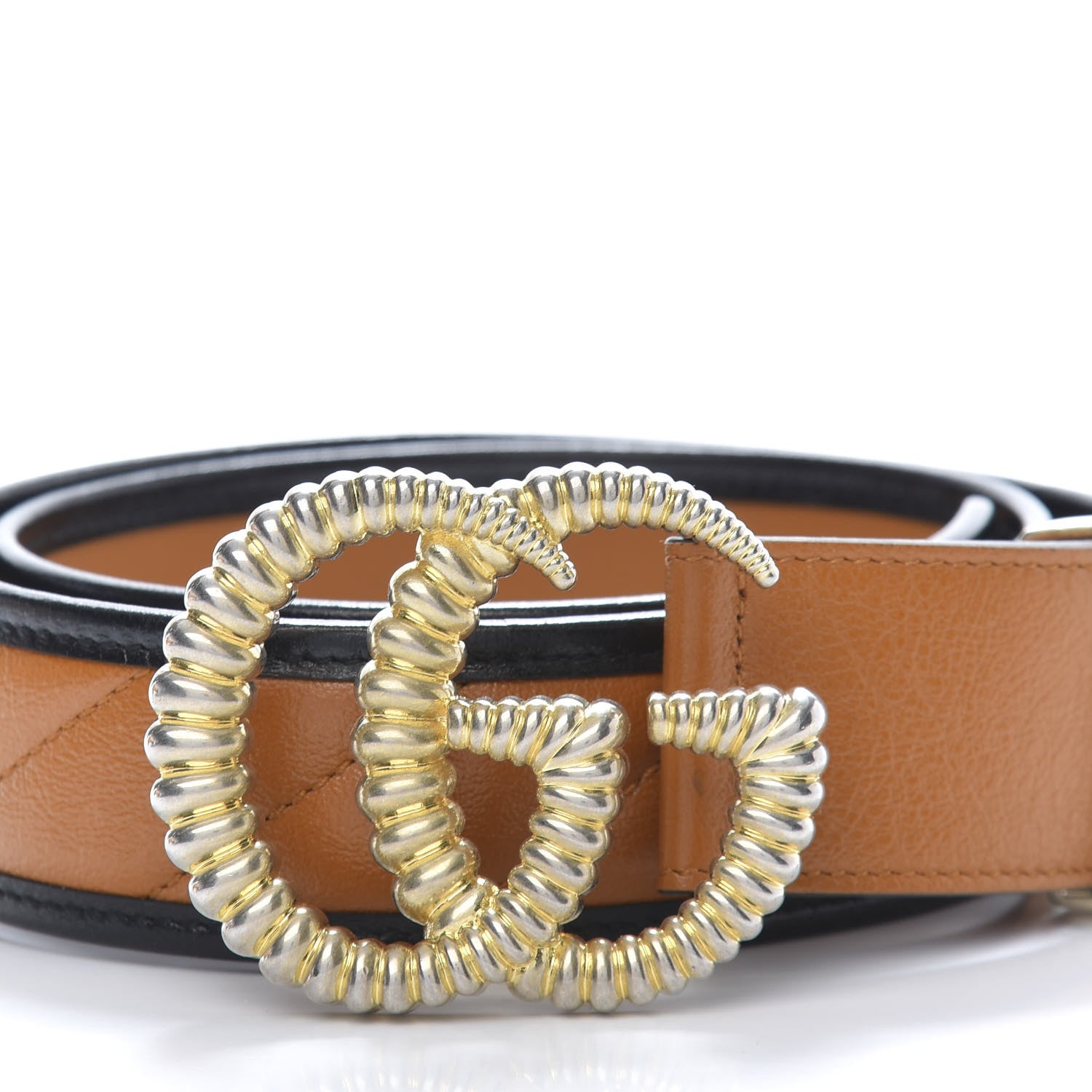 Gucci Azalea Calfskin Matelasse Diagonal Torchon Double G 40mm Belt 85 34 Cognac Black 3 of 6