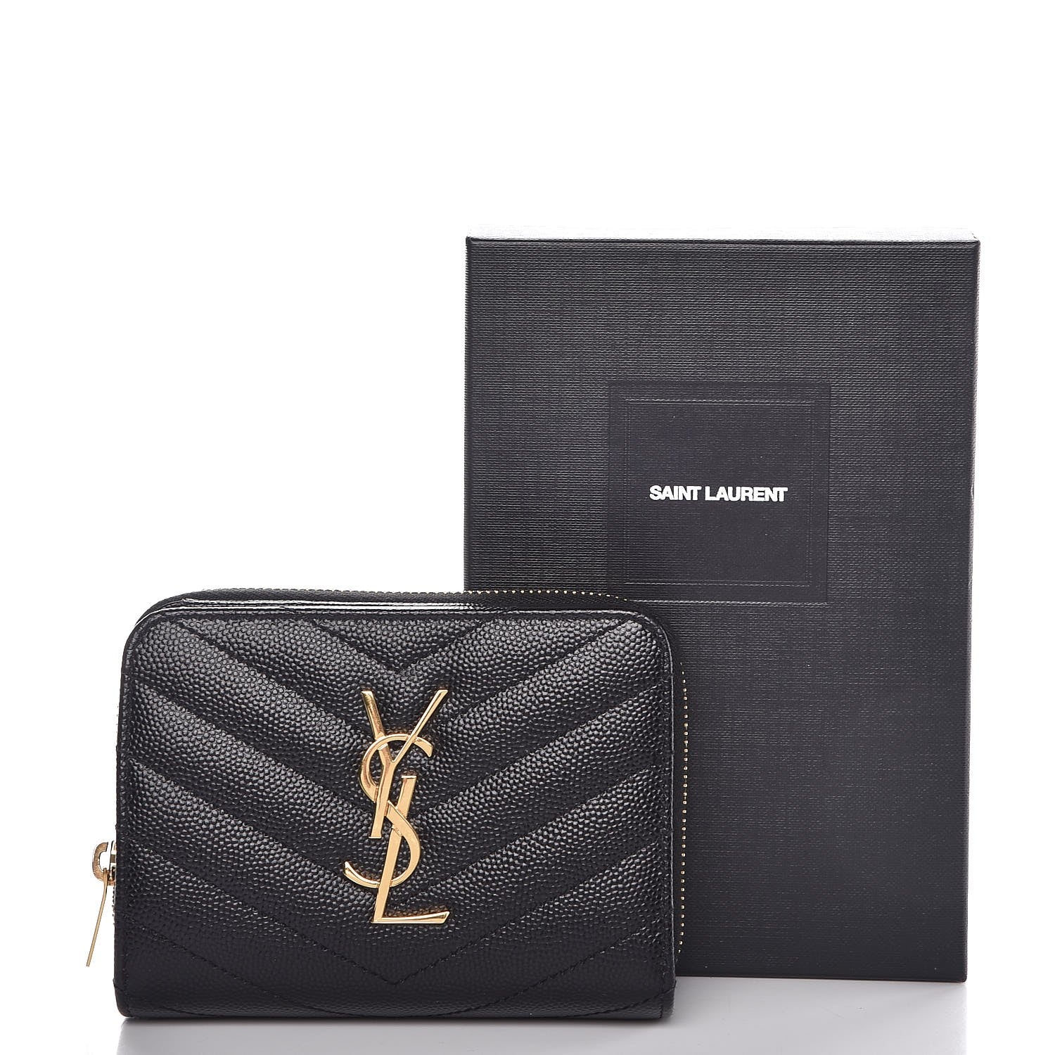 Saint Laurent Grain De Poudre Matelasse Chevron Monogram Compact Zip Around Wallet Black 9 of 9