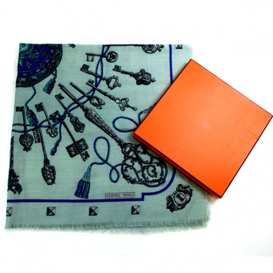 Hermes Cashmere Silk Keys Les Cles Fringed Scarf Bleu 90 3 of 5