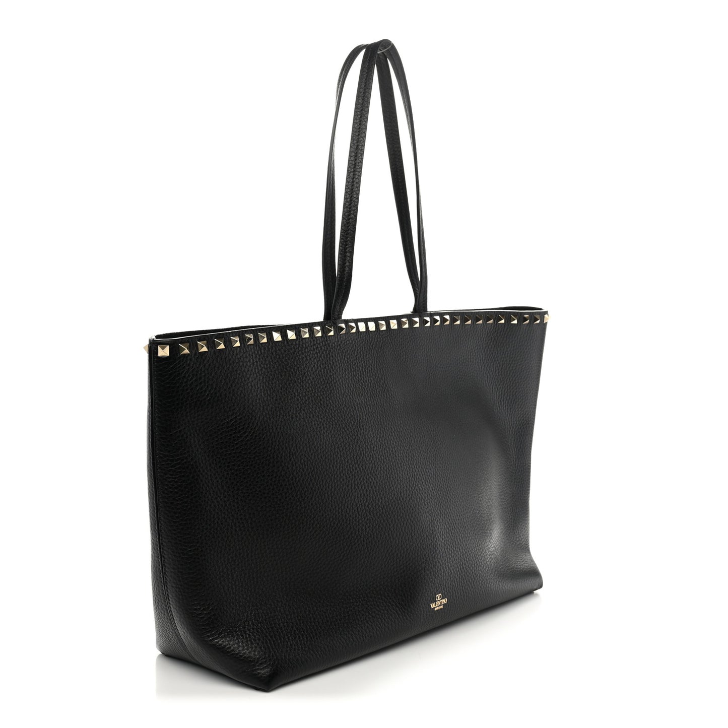 Grained Calfskin Rockstud Shoulder Tote Black