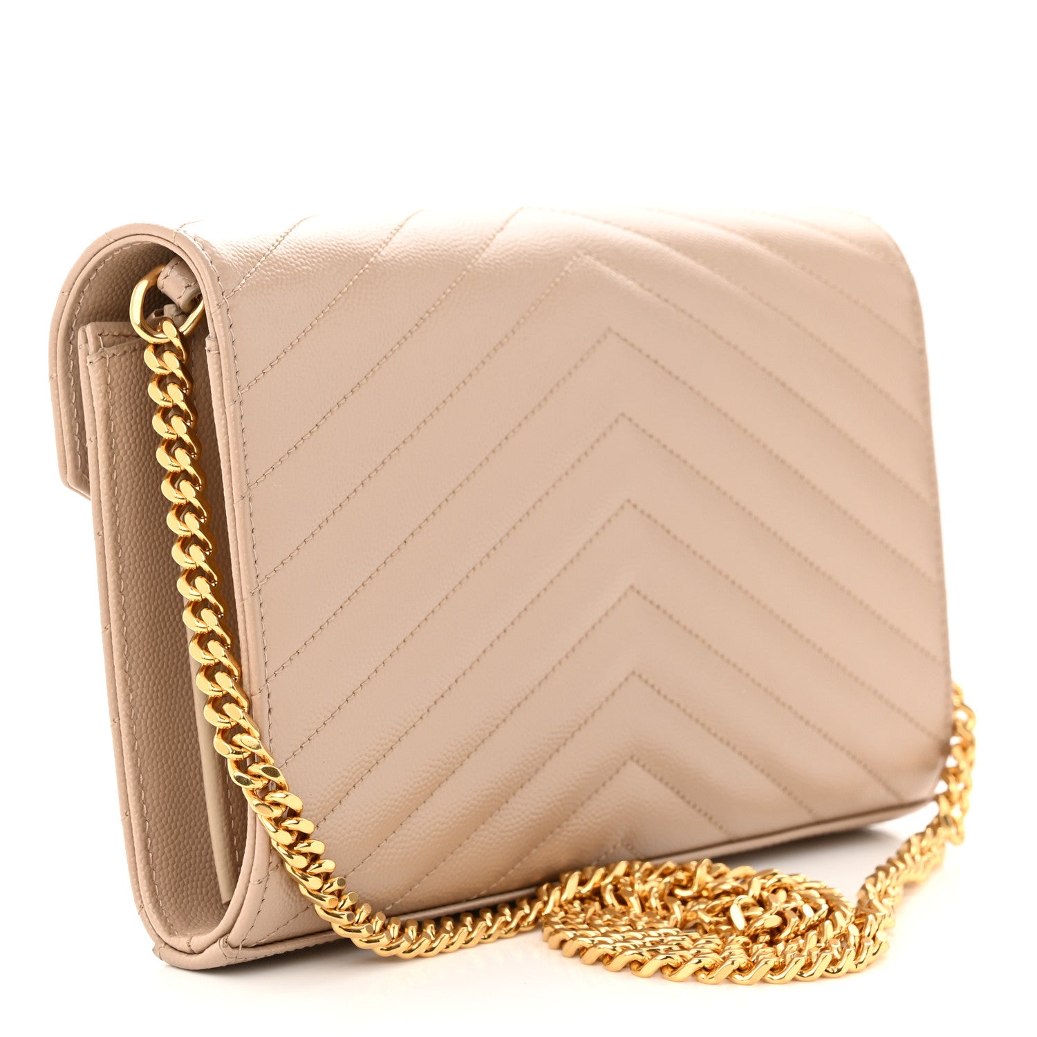 Saint Laurent Grain De Poudre Matelasse Chevron Monogram Chain Wallet Dark Beige 3 of 10