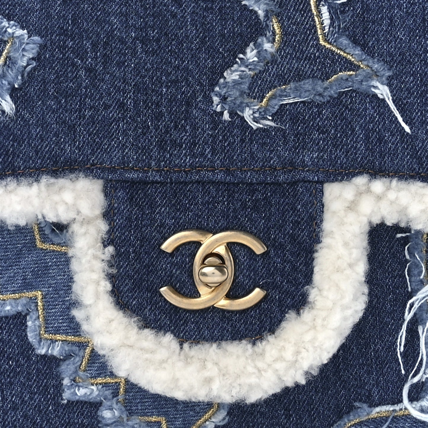 Denim Shearling Hieroglyph Flap Blue