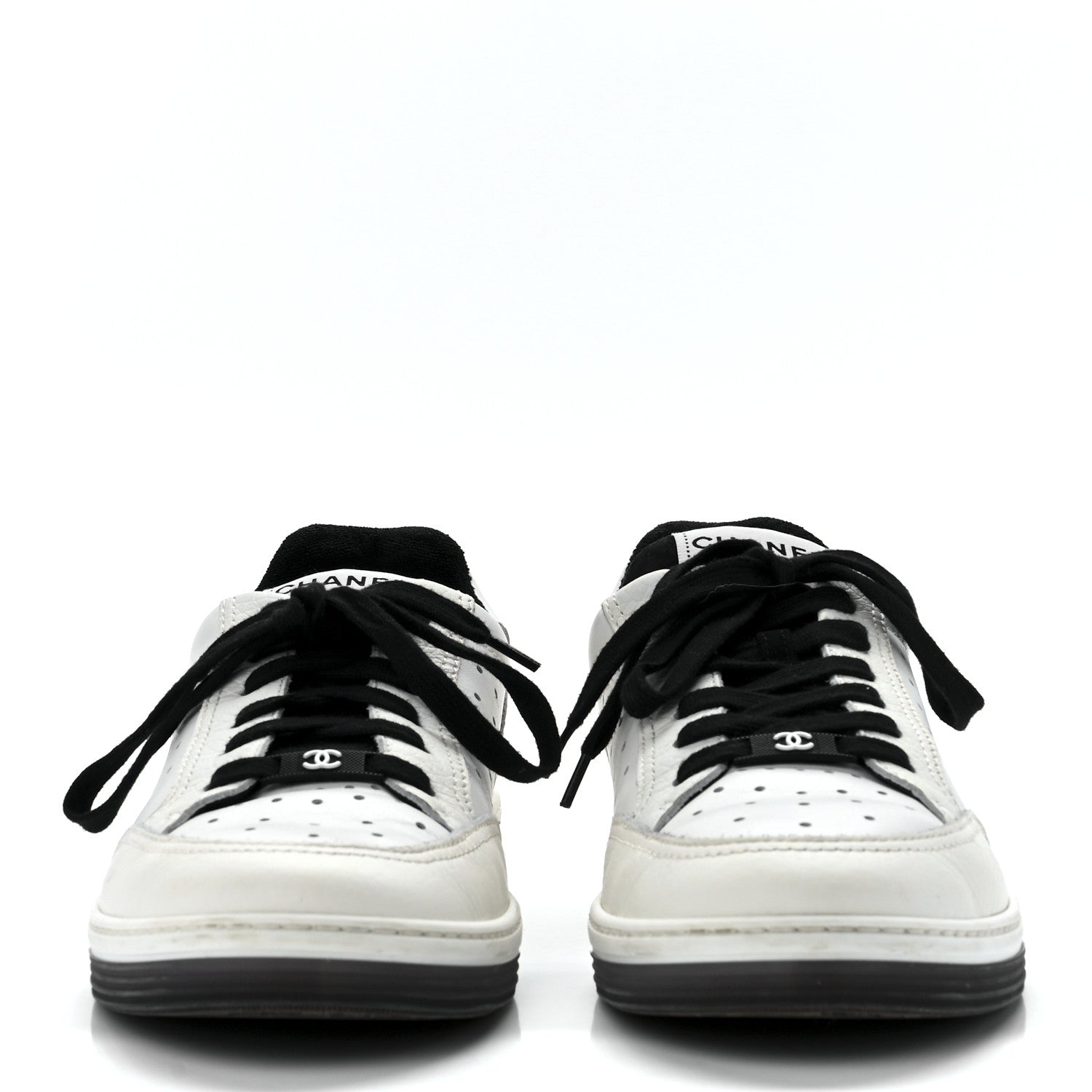 Chanel Grained Calfskin Fabric Womens Logo Sneakers 41White Black 2 of 9