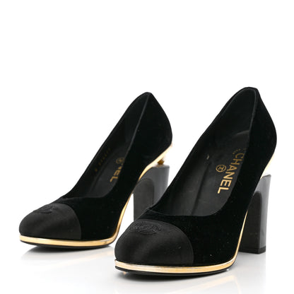 Chanel Velvet Satin Cap Toe Pearl Pumps 38 Black 3 of 13