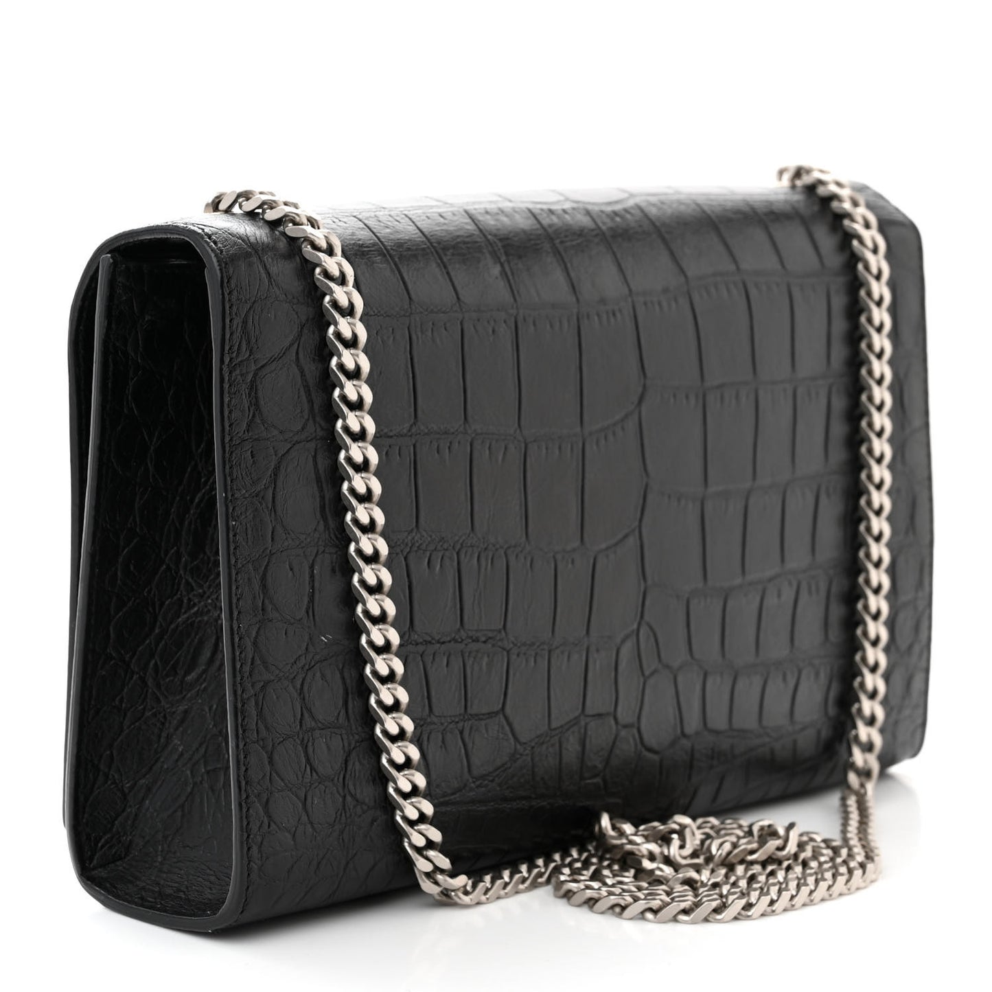 Calfskin Crocodile Embossed Medium Classic Monogram Kate Tassel Satchel Black
