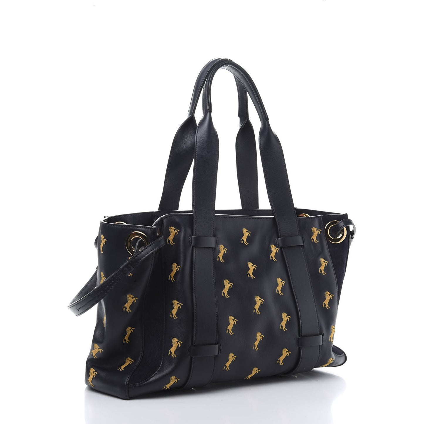 Smooth Calfskin Little Horses Embroidered Tao Zipped Tote Full Blue