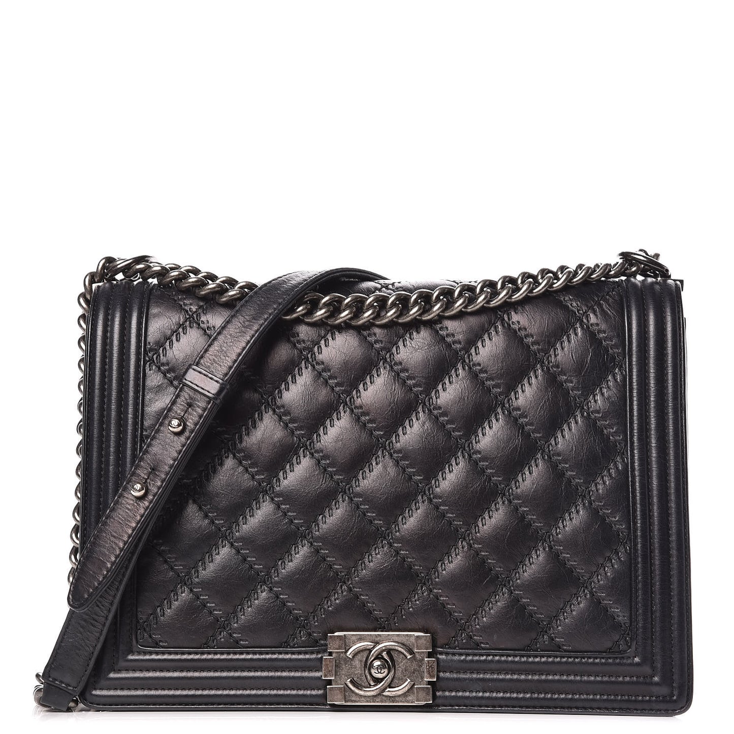 Calfskin Embossed Stitch Large Boy Flap Black