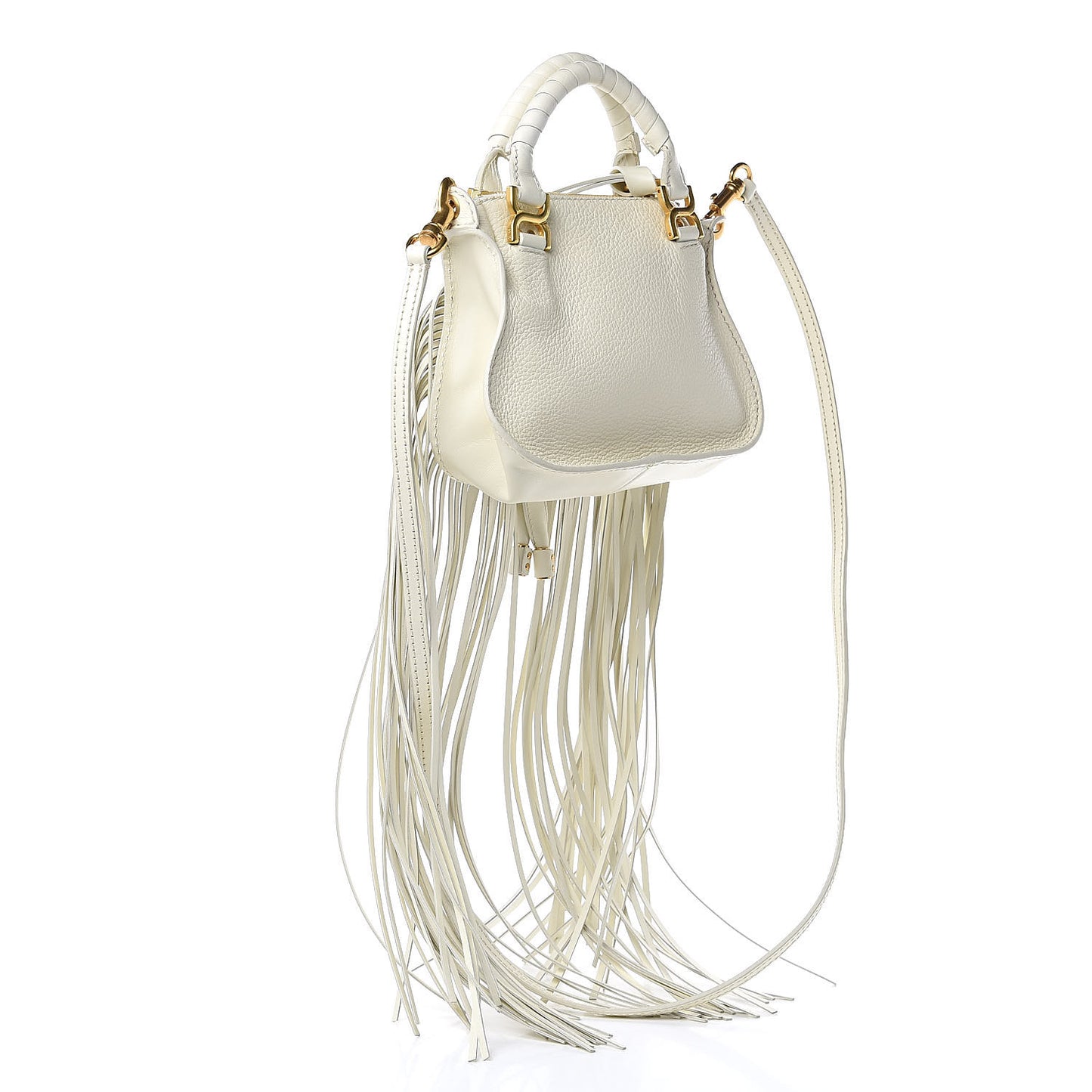 Shiny Small Grain Calfskin Mini Marcie Multi Fringe Satchel Natural White