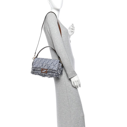 Fendi Denim Vitello King Fringe FF Embroidered Baguette Denim Myrtle Dark Nut 2 of 12