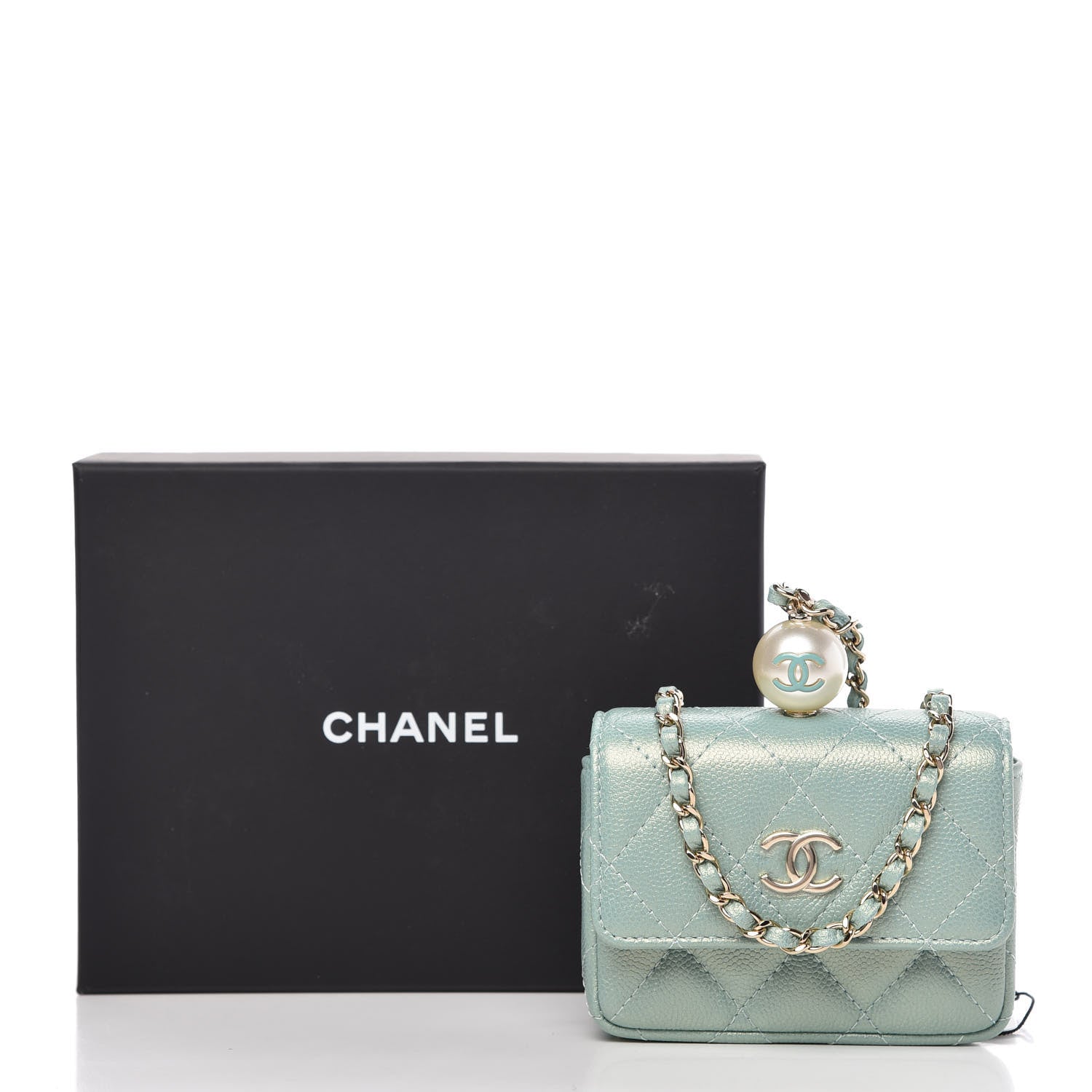 Chanel Iridescent Caviar Quilted Pearl On Top Coin Purse With Chain Light Green 9 of 9