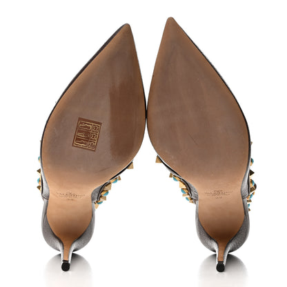 Valentino Garavani Pebbled Calfskin Turquoise Rockstud Rolling Ankle Strap 100mm Pumps 38 Cacao 6 of 10