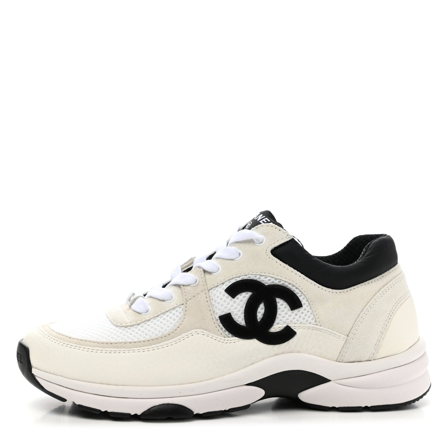 Chanel Mesh Suede Calfskin Grained Calfskin Womens CC Sneakers 37.5 White Black 1 of 10