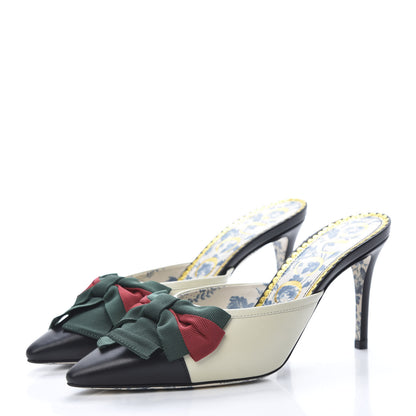 Gucci Malaga Kid Web Bow Mid Heel Mules 36.5 Black Vintage White 3 of 8