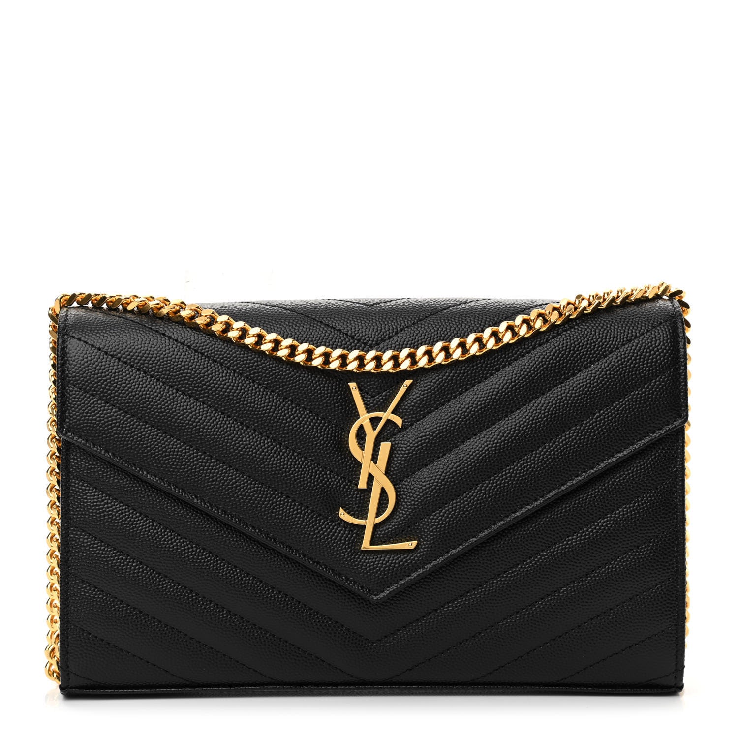 Saint Laurent Grain De Poudre Matelasse Chevron Monogram Chain Wallet Black 1 of 10