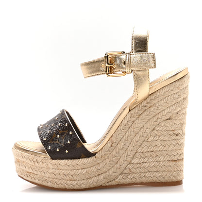 Louis Vuitton Metallic Monogram Calfskin Studded Wedge Sandals 35 Gold 1 of 9