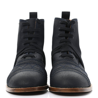 Chanel Coated Canvas Lace Up Cap Toe Boots 38.5 Blue Fonce 2 of 9