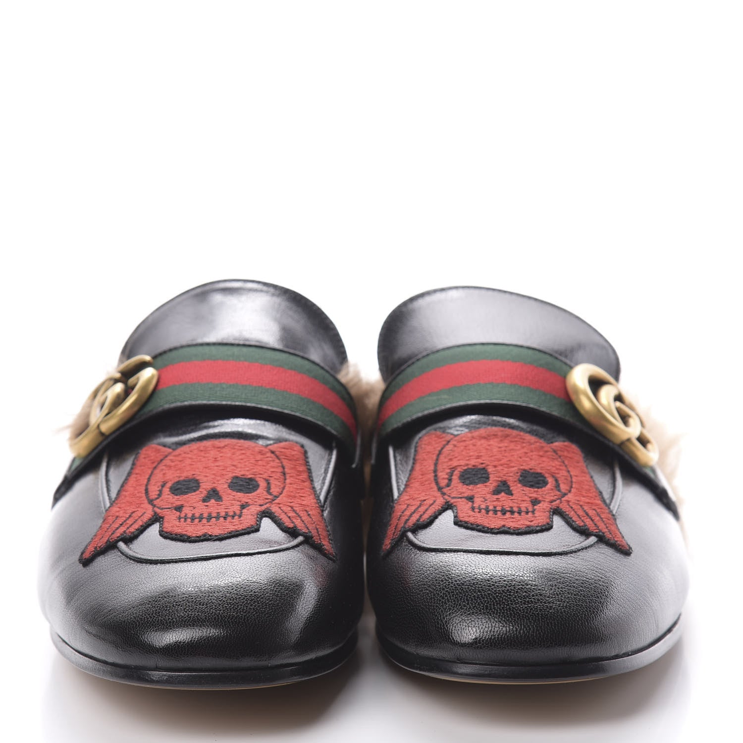 Gucci Goatskin Fur Web GG Skull Embroidered Mens Princetown Slippers 7.5 Black 2 of 9