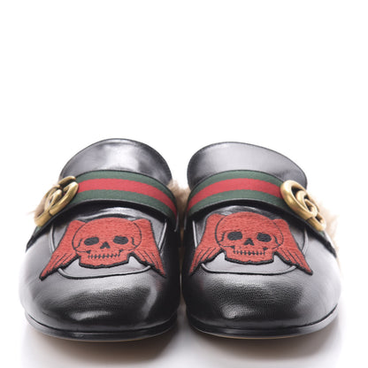 Gucci Goatskin Fur Web GG Skull Embroidered Mens Princetown Slippers 7.5 Black 2 of 9