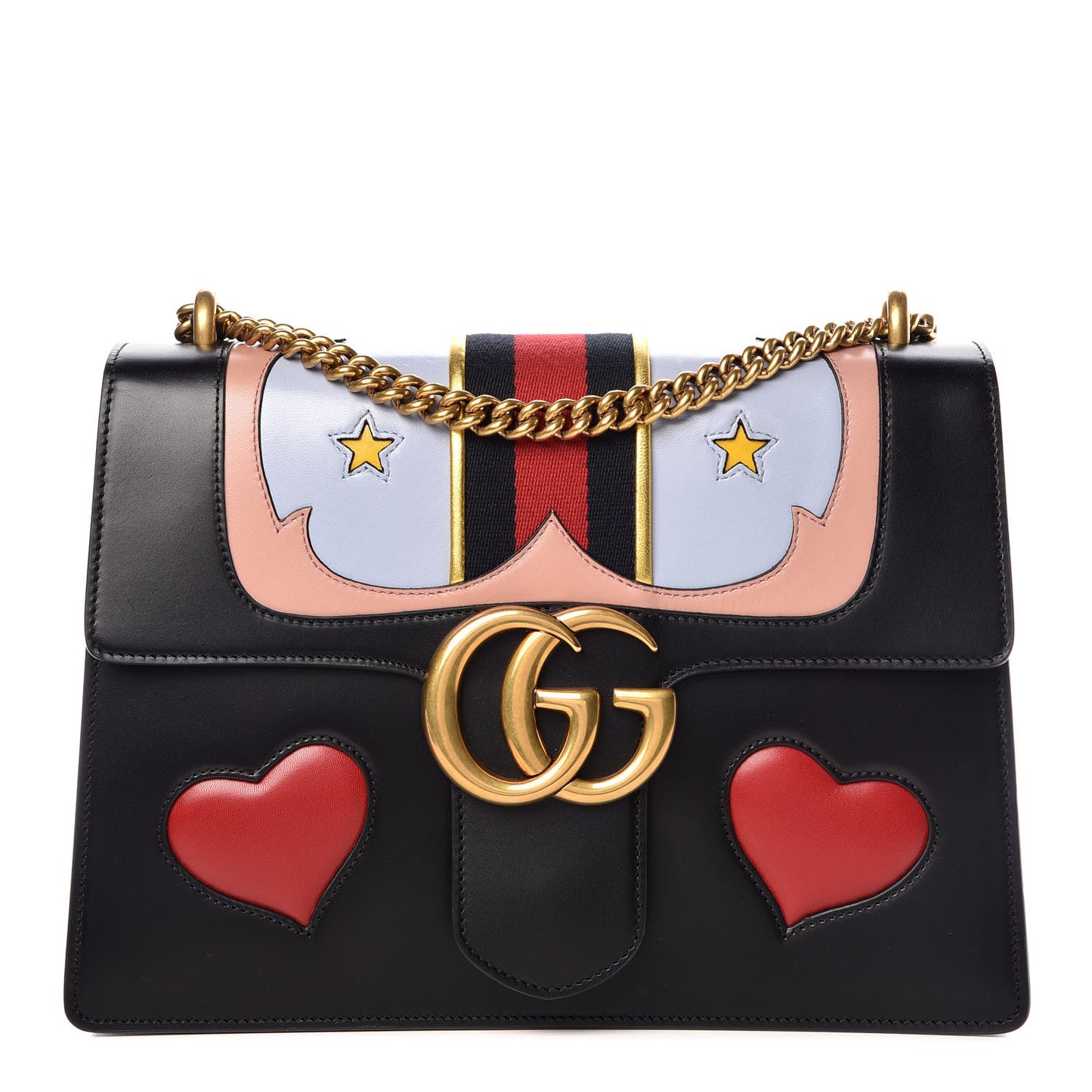 Calfskin Web Heart Medium GG Marmont Chain Handle Bag Black