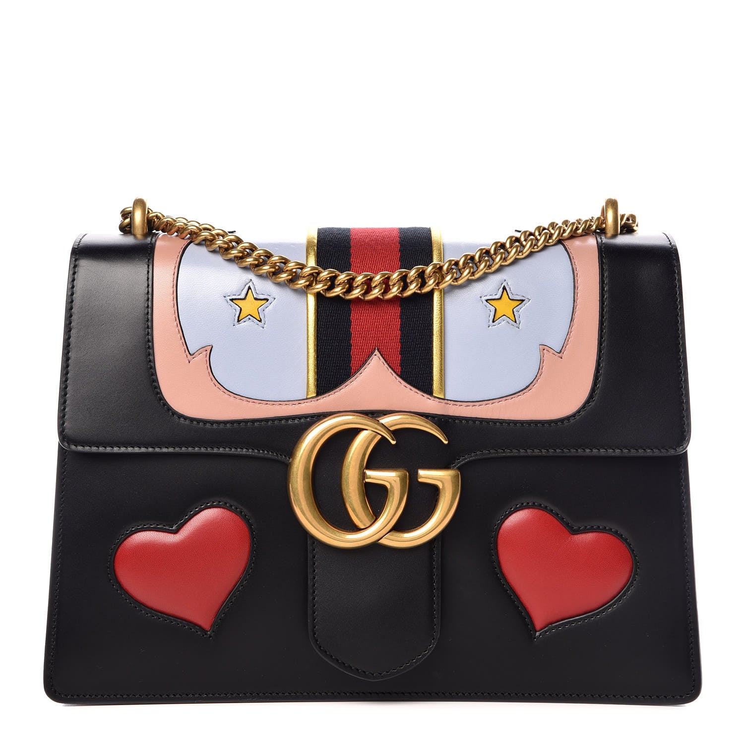 Gucci Calfskin Web Heart Medium GG Marmont Chain Handle Bag Black 1 of 12