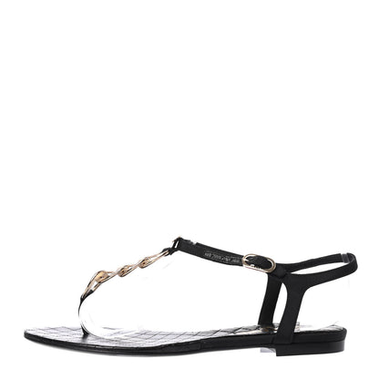 Chanel Grosgrain CC Chain Thong Sandals 38 Black Gold 1 of 4