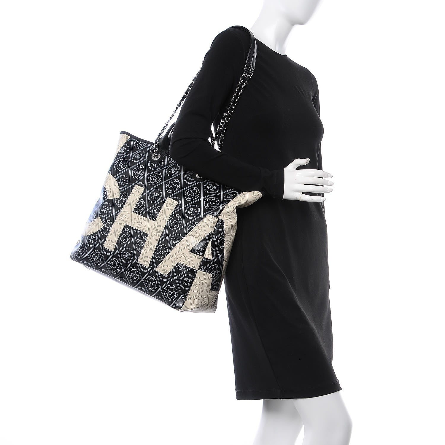 Chanel Coated Canvas Camellia Medium Shopping Tote Black Beige 2 of 8