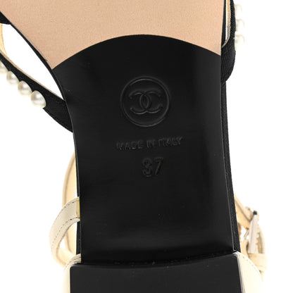 Chanel Lambskin Grosgrain Pearl Slingbacks 37 White Black 6 of 9
