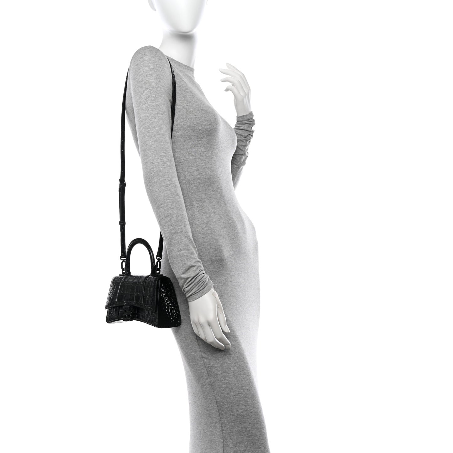 Shiny Calfskin Strass Monochrome Crocodile Embossed Hourglass Top Handle Bag XS Black