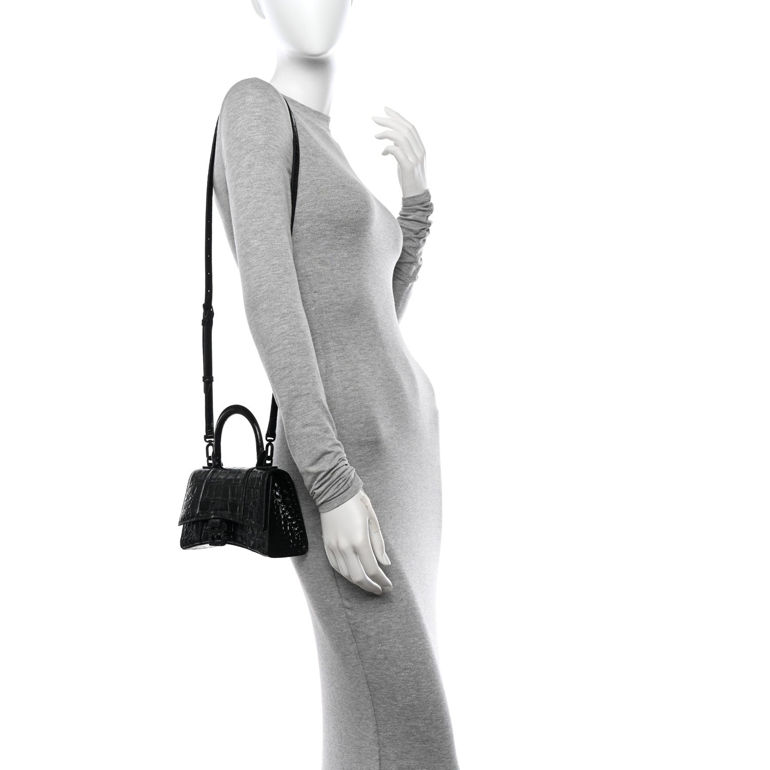 Balenciaga Shiny Calfskin Strass Monochrome Crocodile Embossed Hourglass Top Handle Bag XS Black 2 of 10
