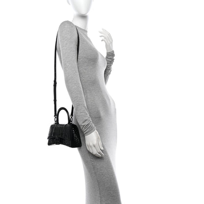 Balenciaga Shiny Calfskin Strass Monochrome Crocodile Embossed Hourglass Top Handle Bag XS Black 2 of 10