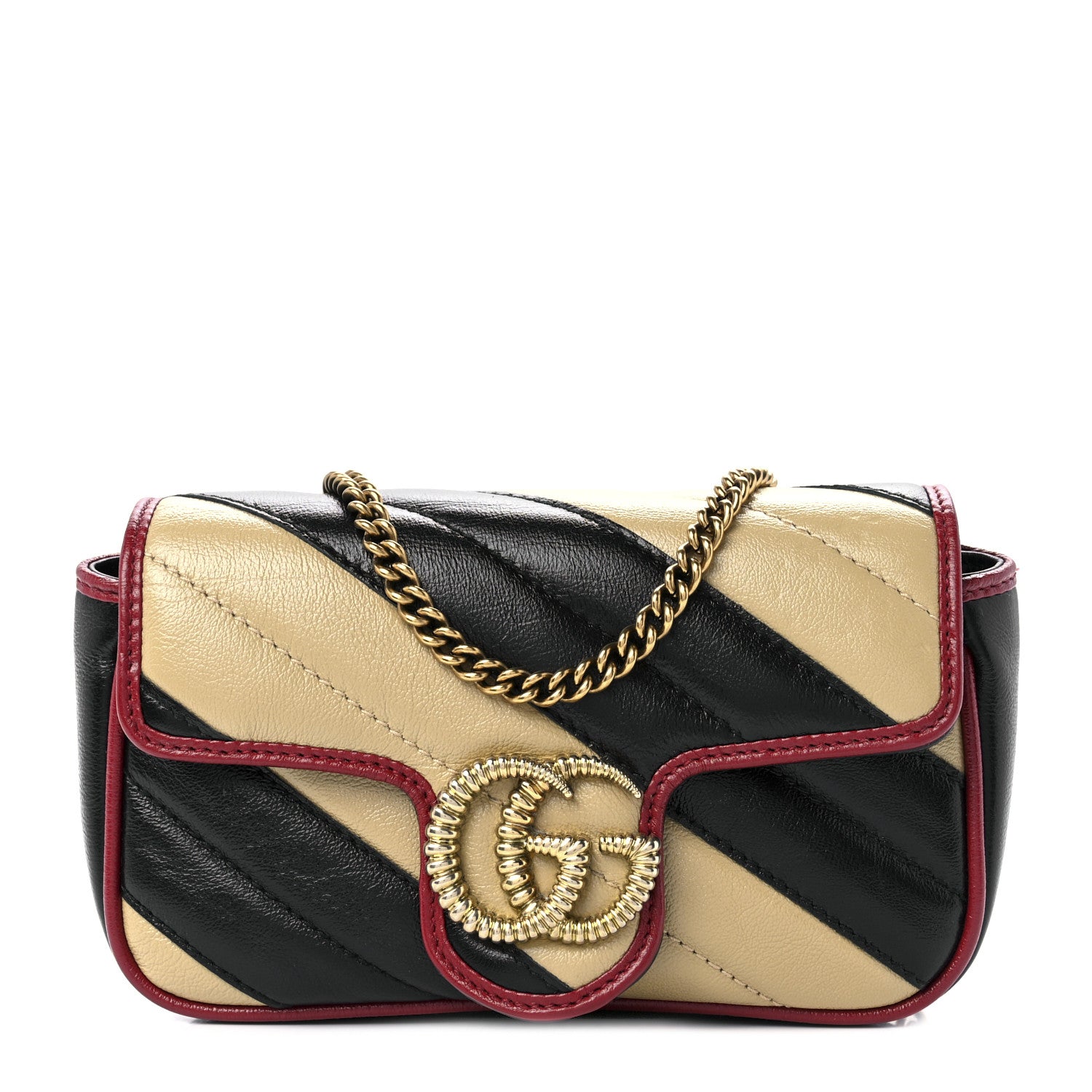 Gucci Vintage Effect Calfskin Matelasse Diagonal Striped Super Mini Torchon GG Marmont Shoulder Bag Black Beige 1 of 10