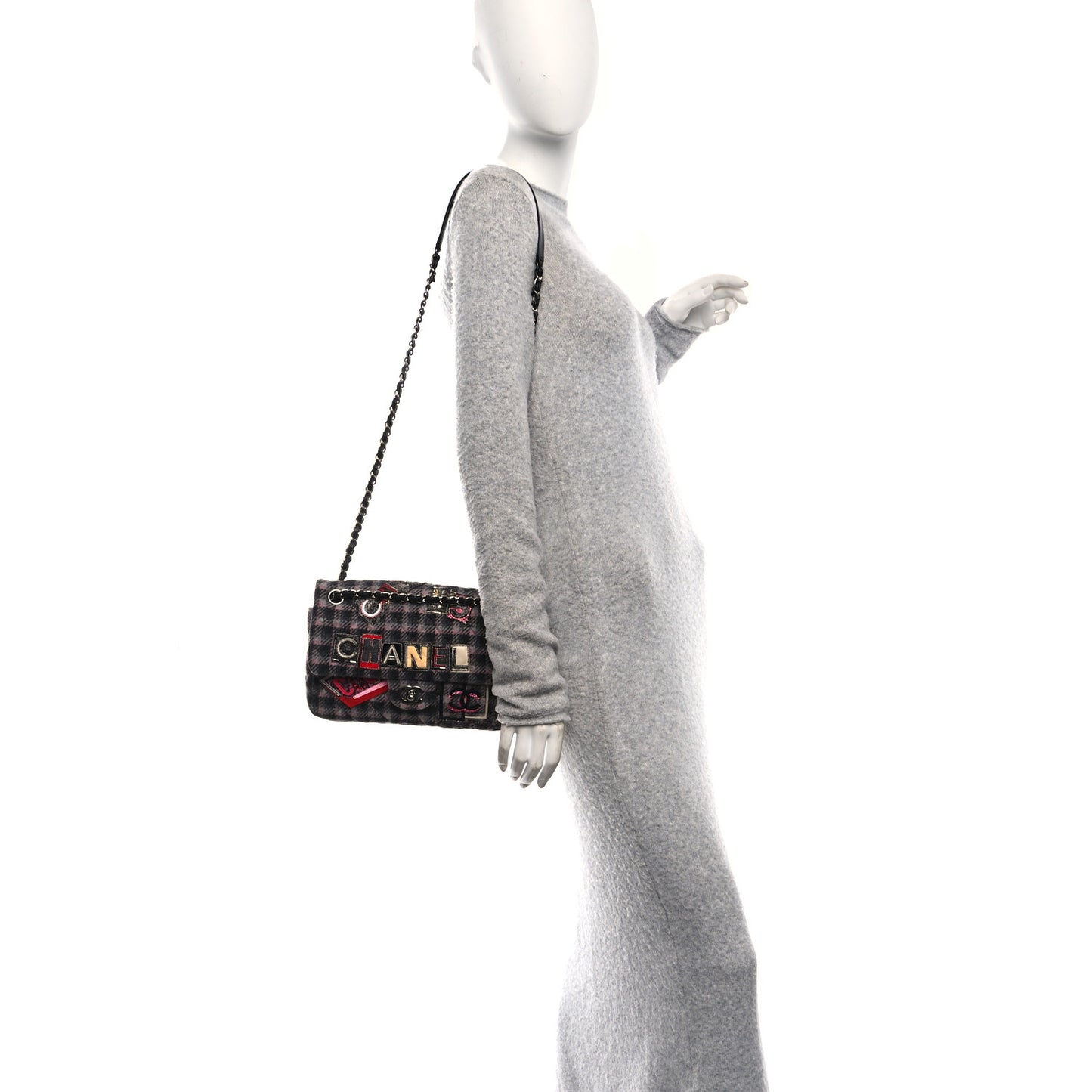 Wool Patchwork Medium Single Flap Pink Grey