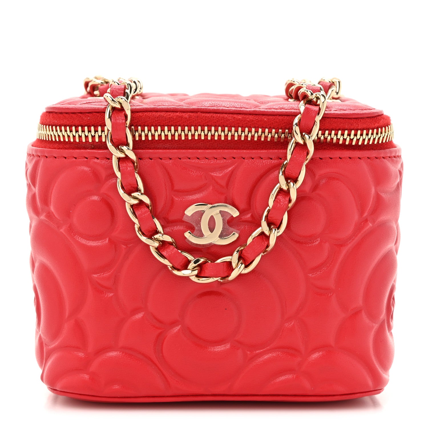 Chanel Lambskin Camellia Embossed Mini Vanity Case With Chain Red 1 of 14