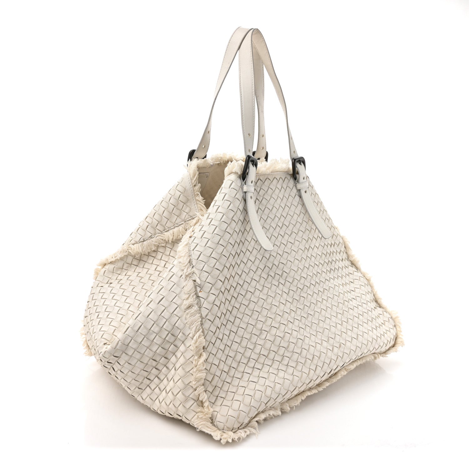 Bottega Veneta Nappa Intrecciato Canvas Fringe Maltinto Tote White