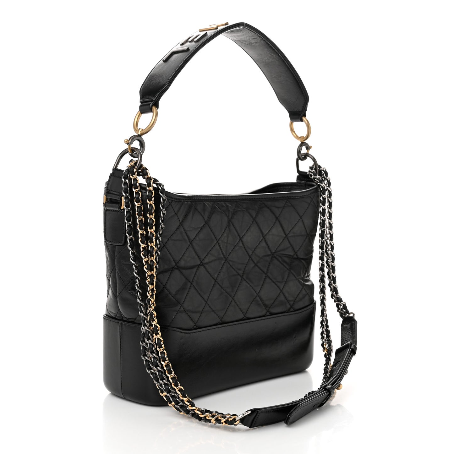 Aged Smooth Calfskin Quilted Medium Gabrielle Logo Hobo Black